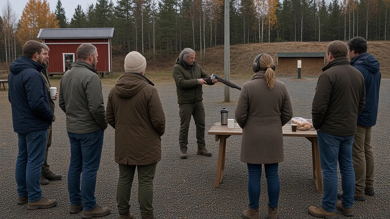 Företagsevent med Jaktfokus, instruktör visar hagelgevär för en grupp kollegor vid skjutbanan