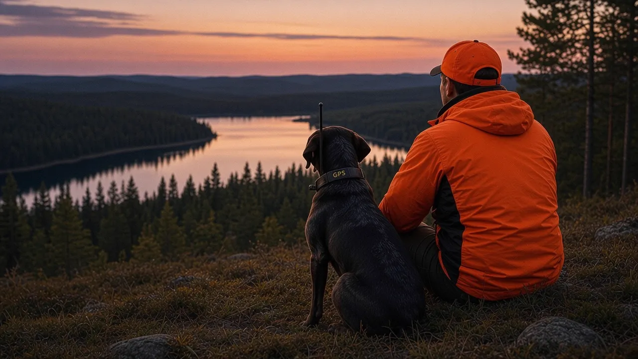 Jägare i orange jacka med jakthund blickar ut över sjö och skog i solnedgången