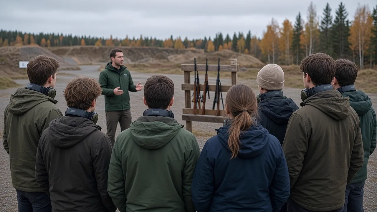 Instruktör går igenom säker vapenhantering med en grupp på skjutbanan inför jägarexamens praktiska prov