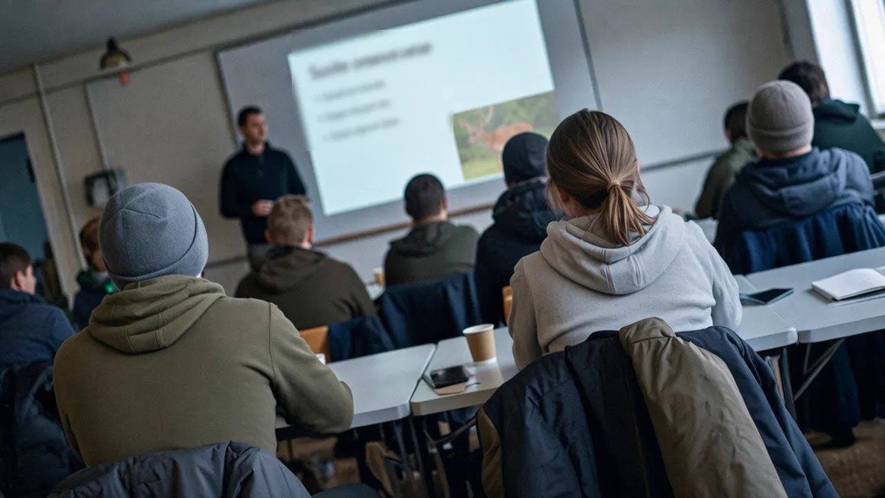Teorilektion i jägarexamen hos Jaktfokus, instruktör undervisar deltagare i klassrum
